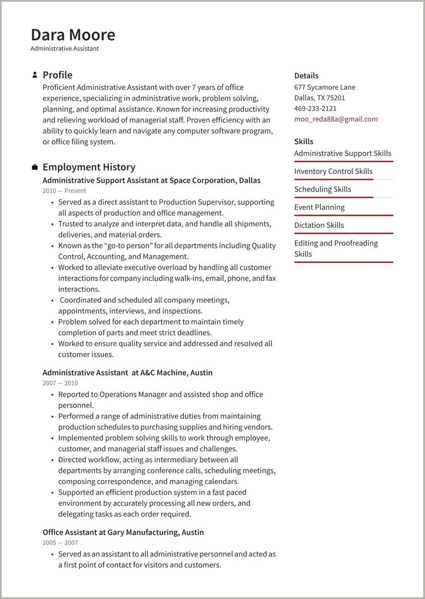 Administrative Assistant Skills Example Resume