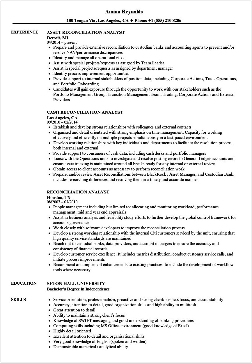 Adminitrative Reconciliation Statement Job Resume Examples