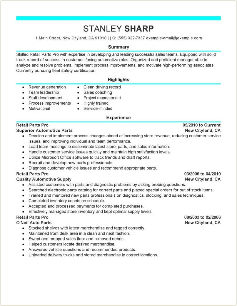 Advance Auto Parts Store Manager Resume