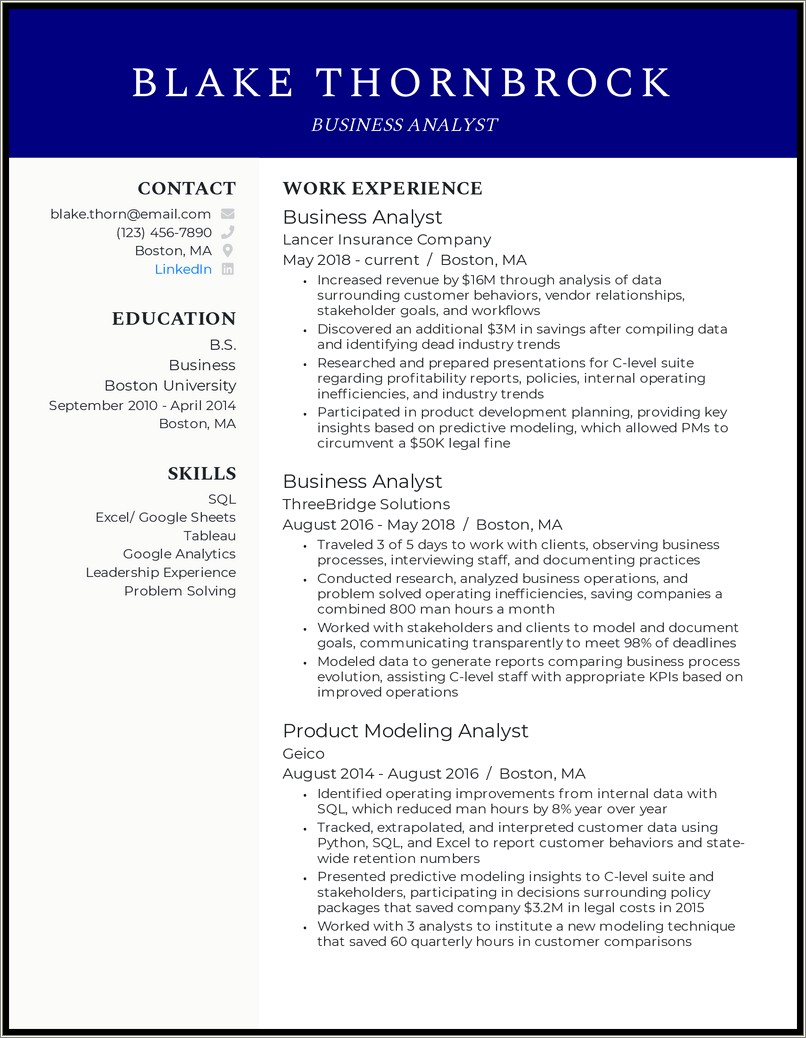 Advanced Career Resume Examples Business Analyst