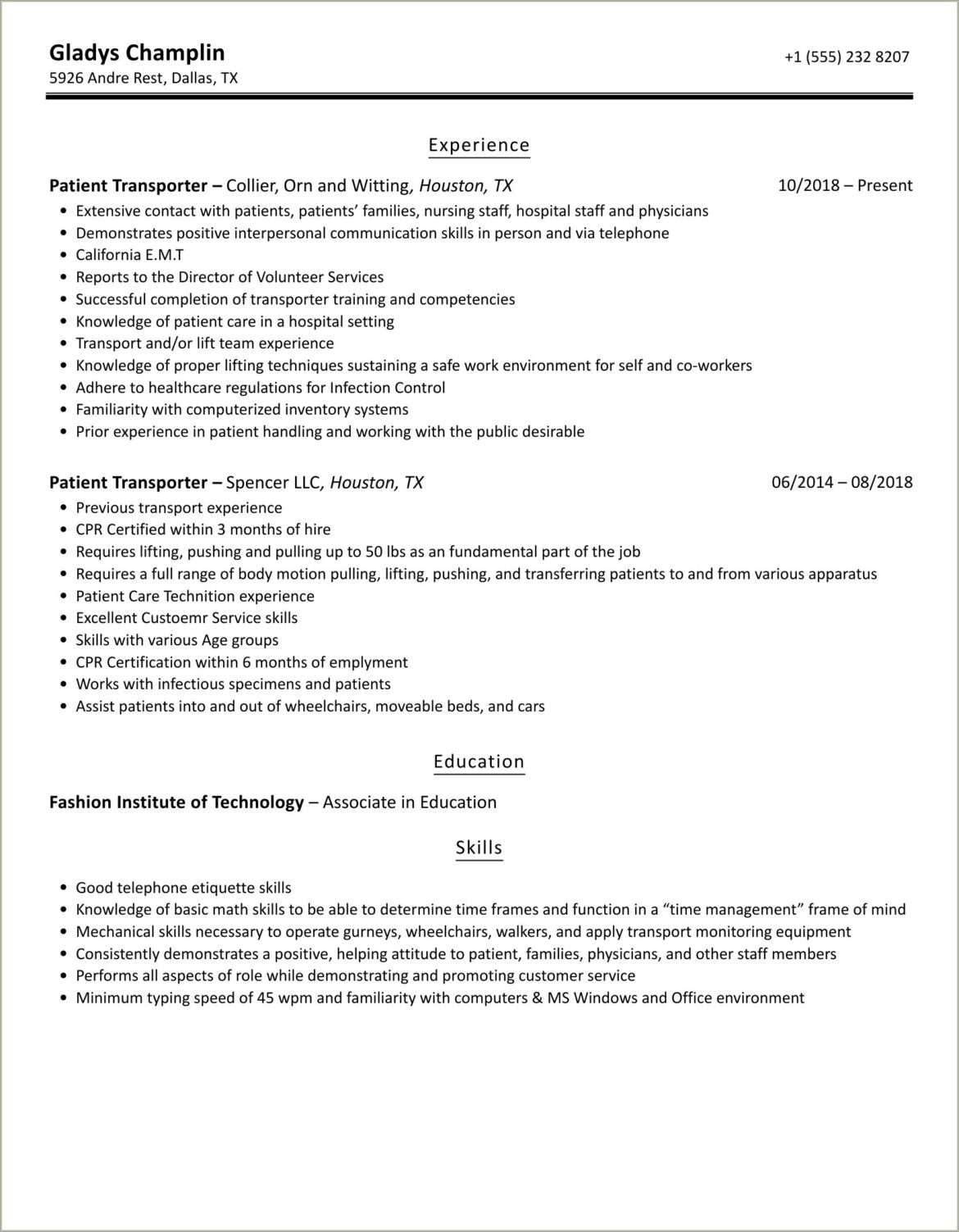 Aenior Care Patient Transporter Job Responsibioes Resume