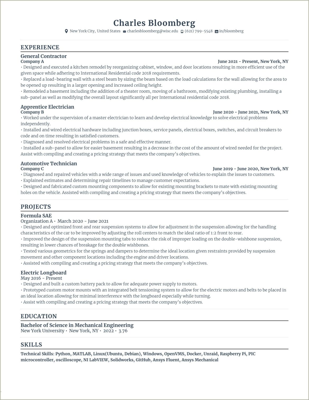 Aerospace Engineer Entry Level Resume Example