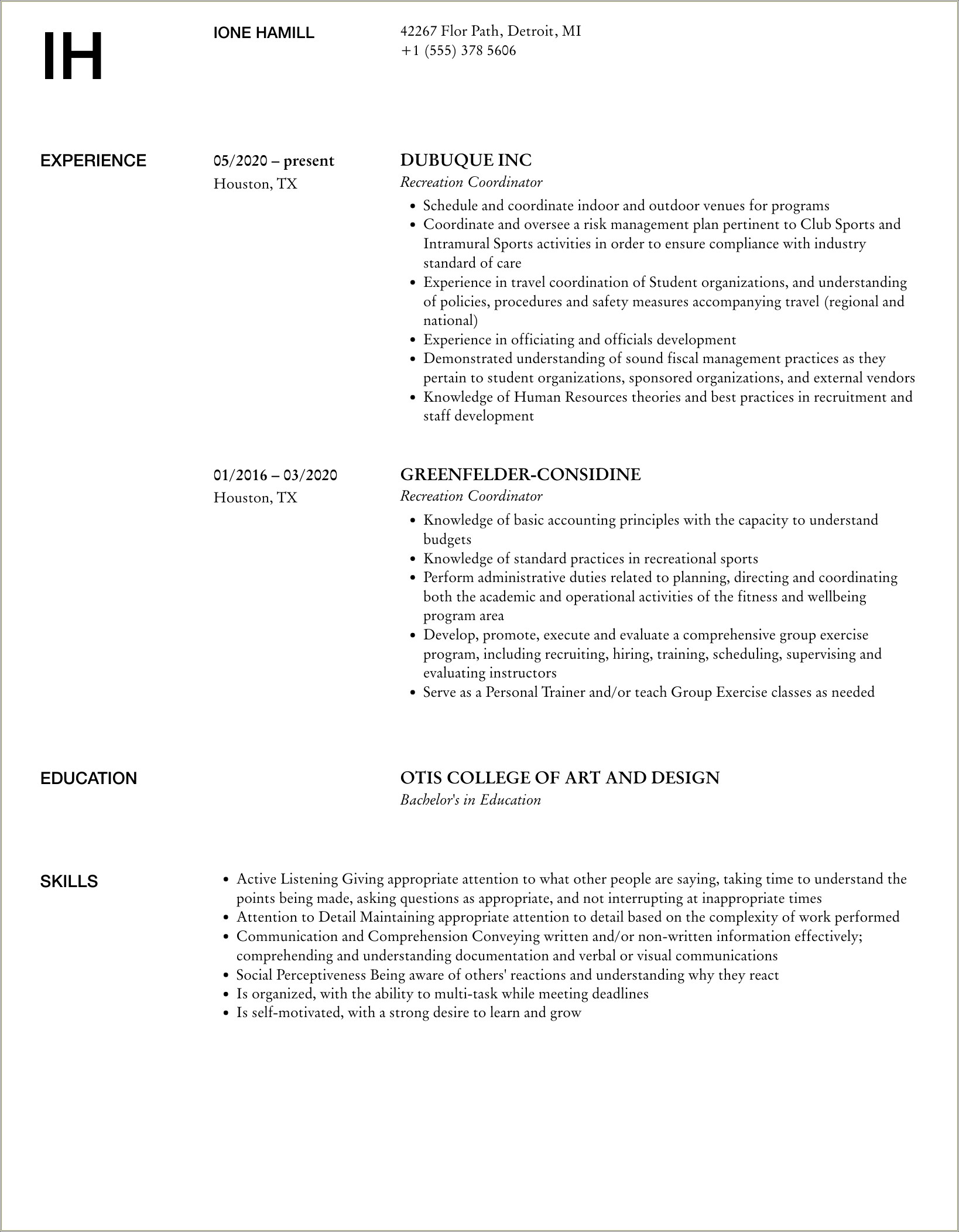 After School Recreation Ppostition Title Resume