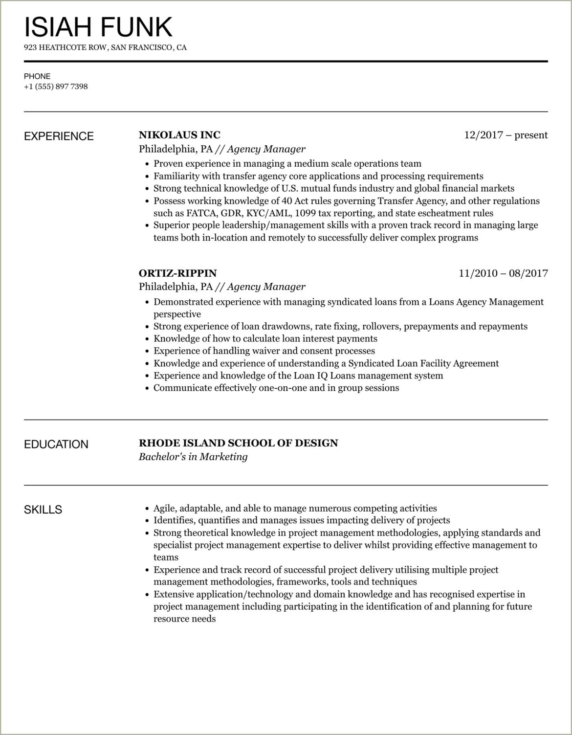 Agency Manager Job Description For Resume