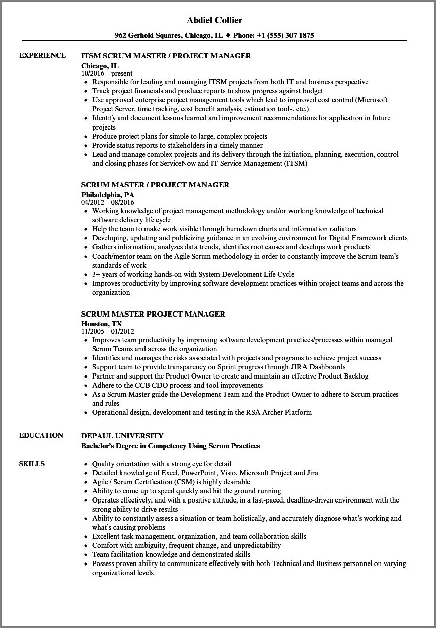 Agile Scrum Master Project Manager Resume