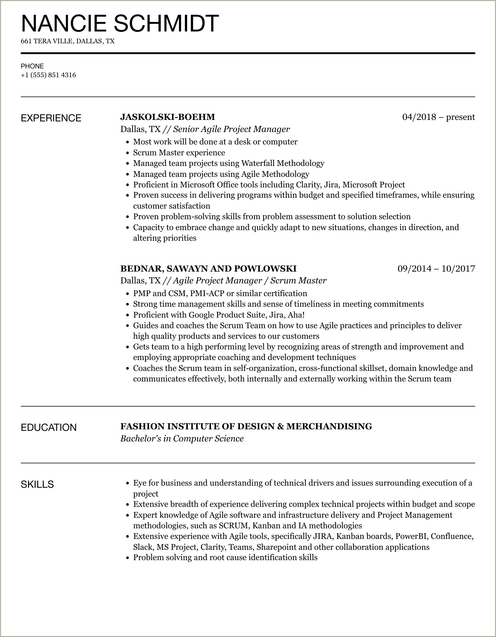 Agile Scrum Project Manager Resume Sample