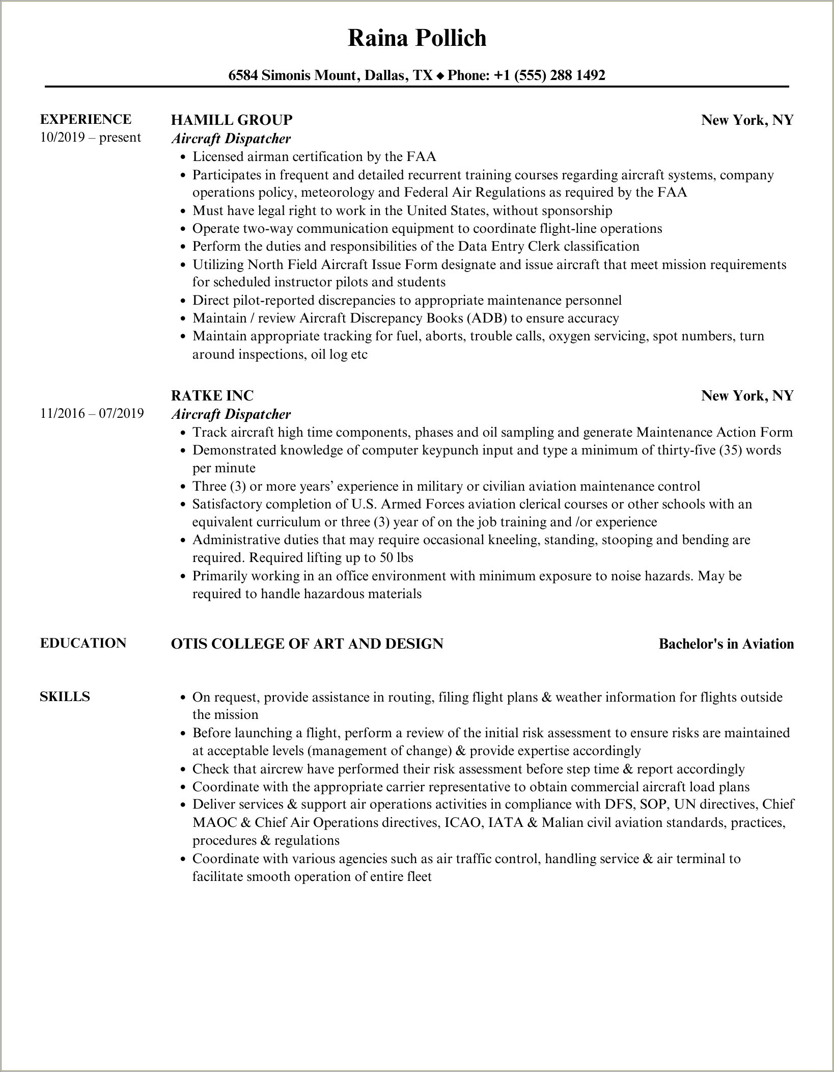 Aircraft Dispatcher Resume With No Experience Write