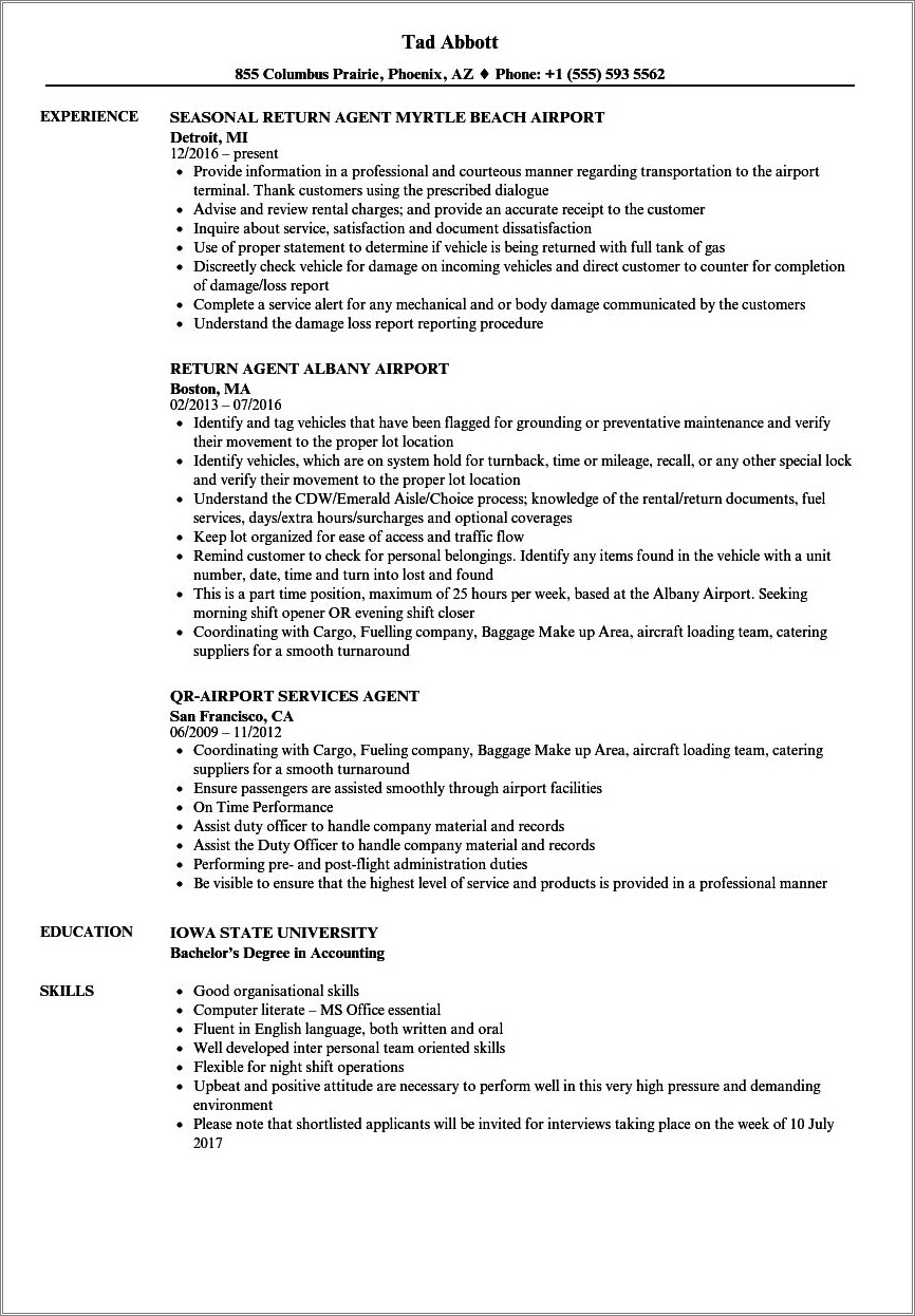 Airline Check In Agent Resume Sample