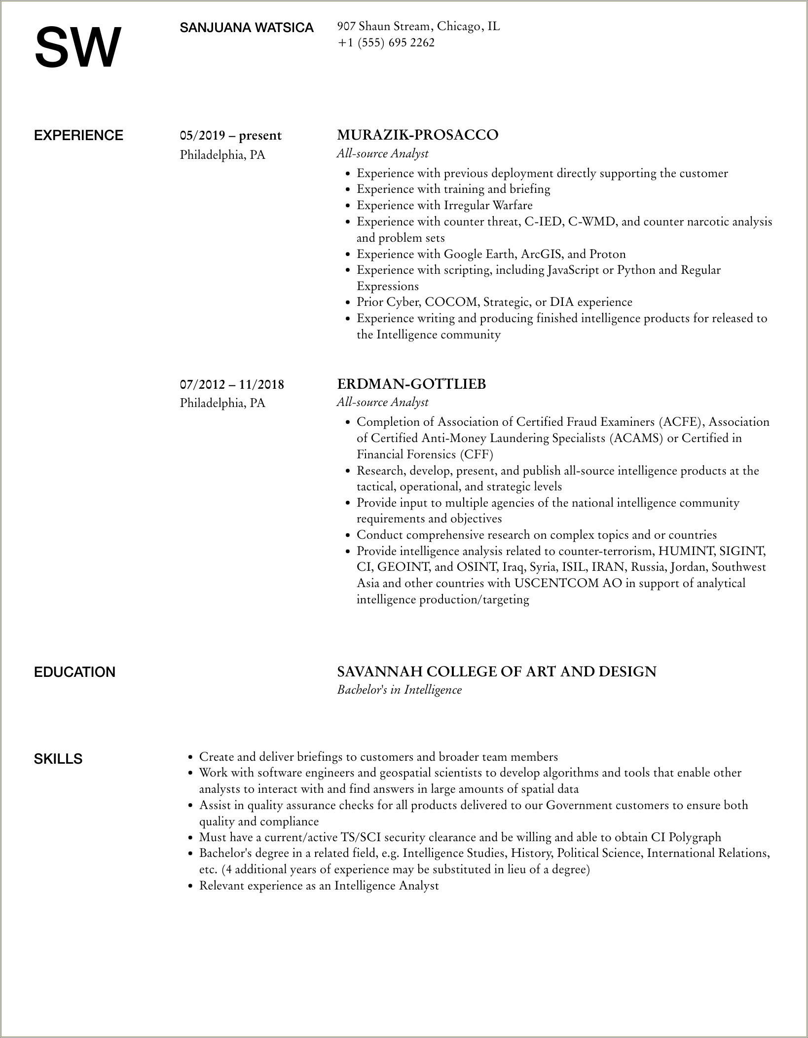 All Source Intelligence Analyst Sample Resume