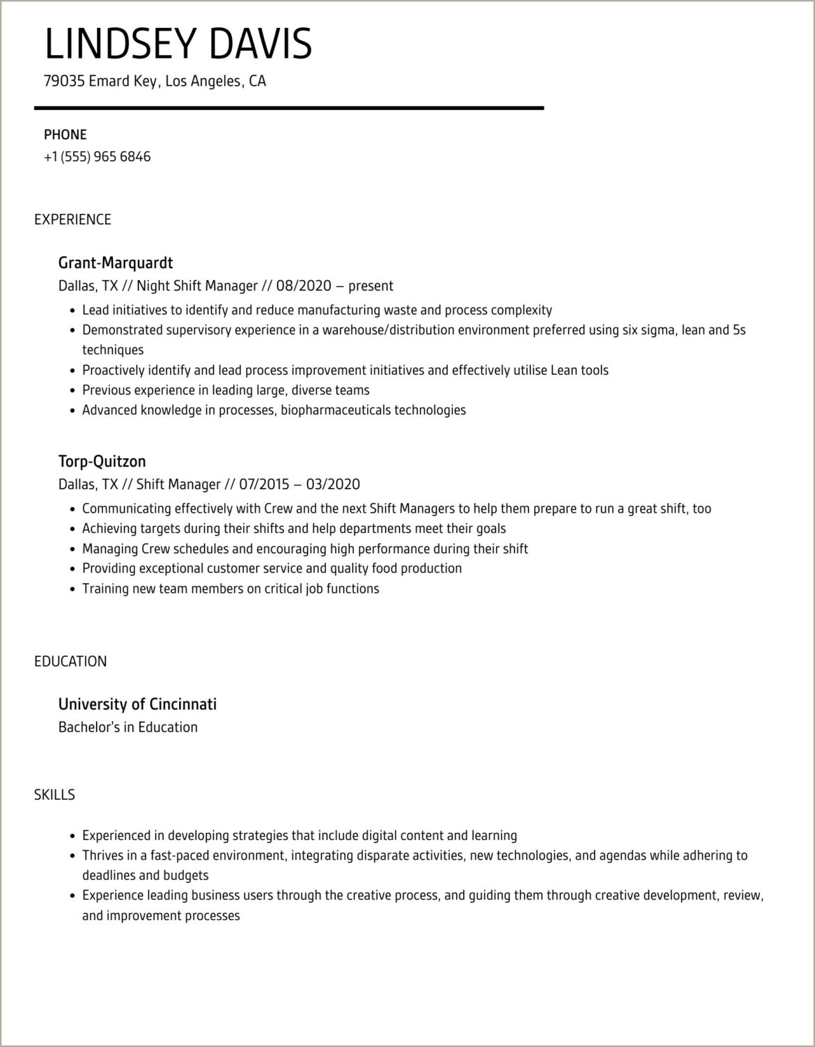 Amazon Sortation Center Shift Manager Resume