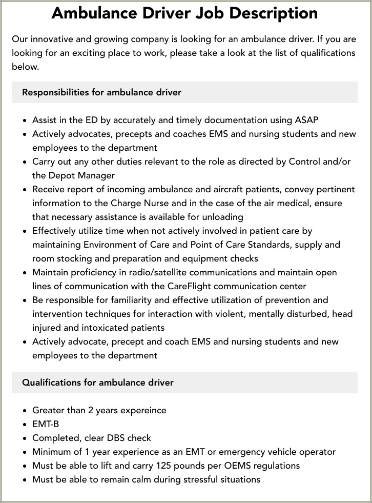 Ambulance Driver Job Description For Resume