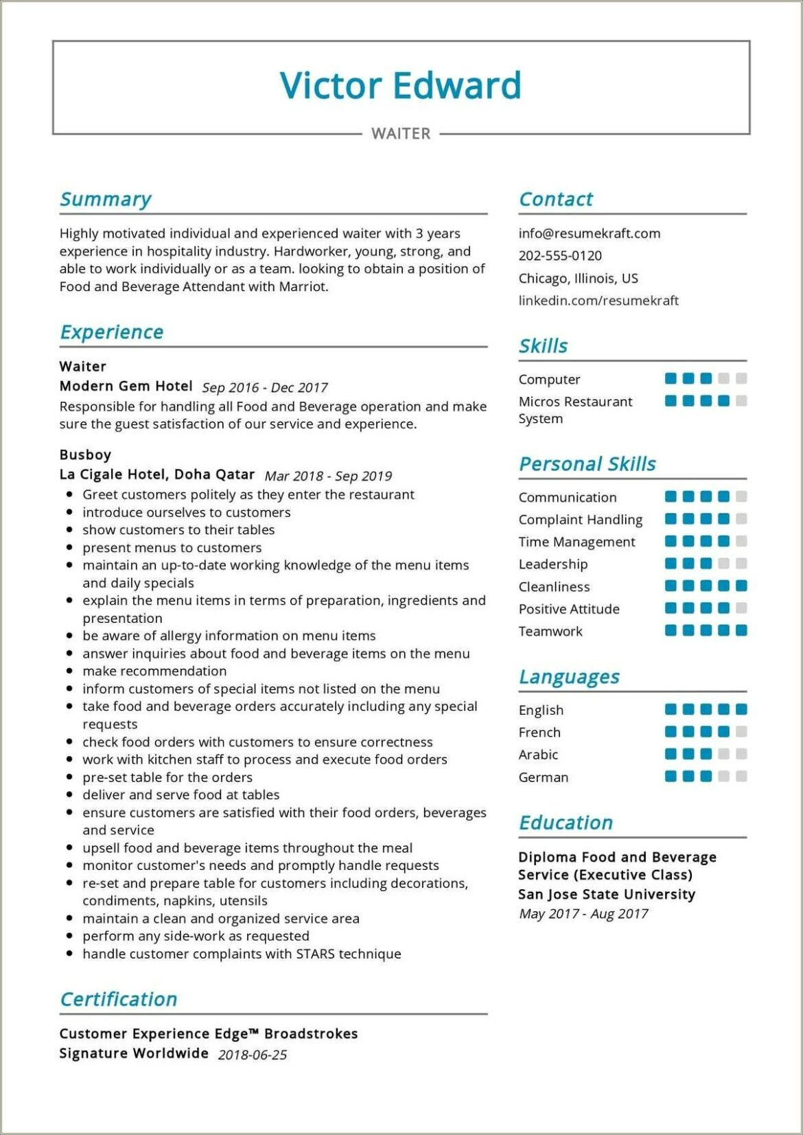 An Example For A Server Restaurant Resume