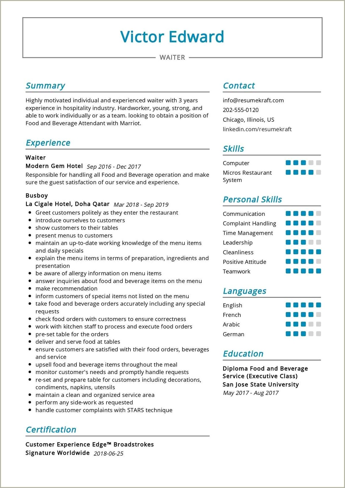 An Example For A Server Restaurant Resume