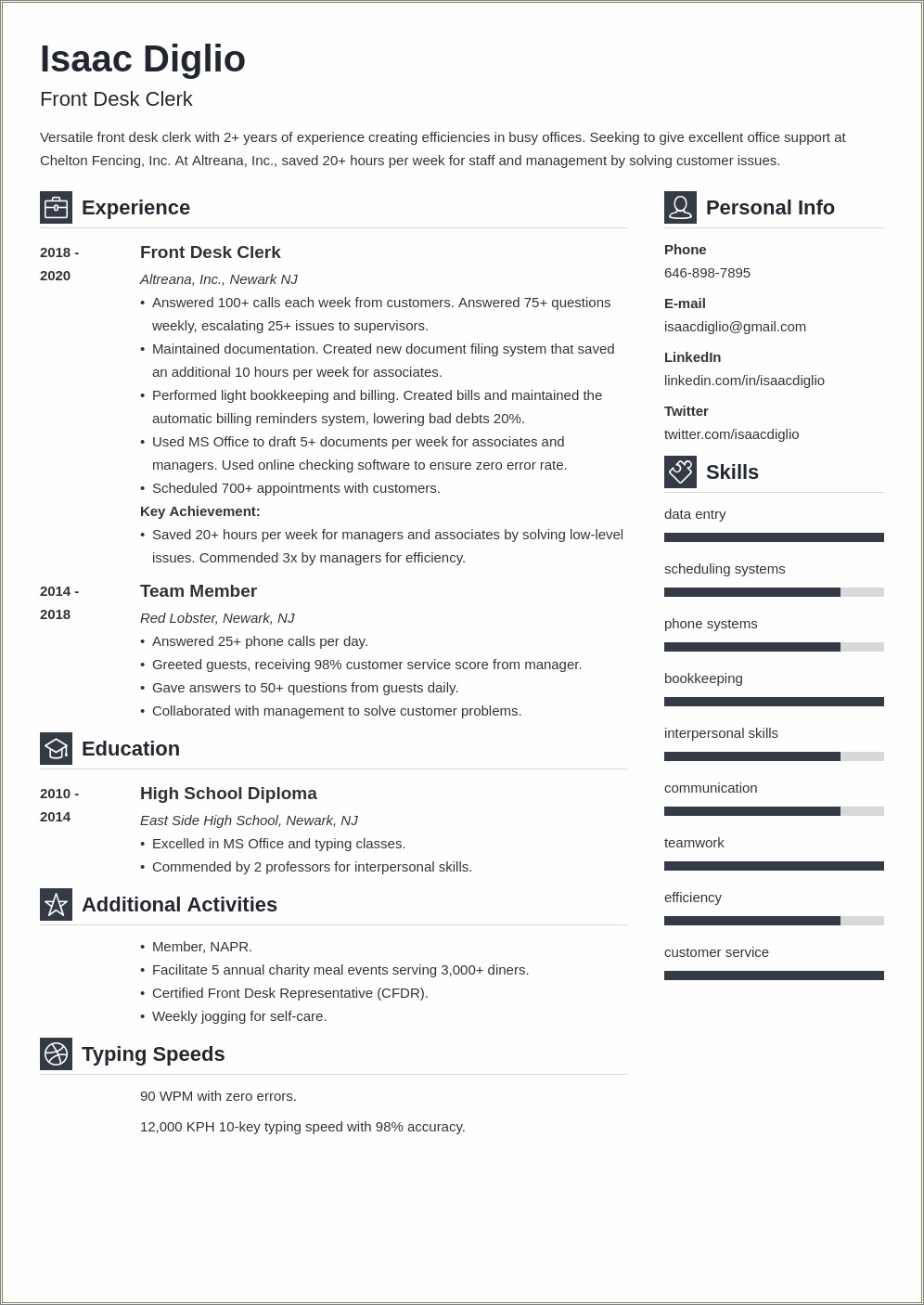 An Example Of A Resume For Front Desk
