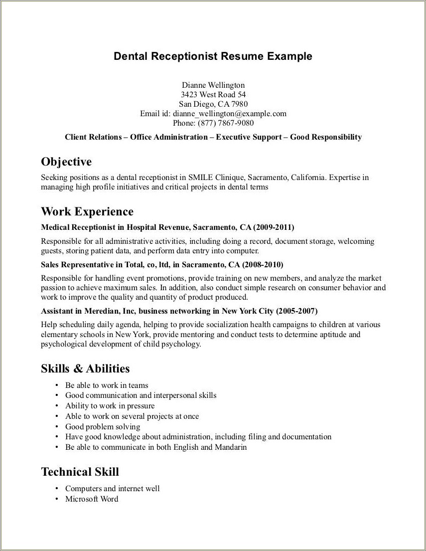 An Objective For A Resume For Receptionist Position