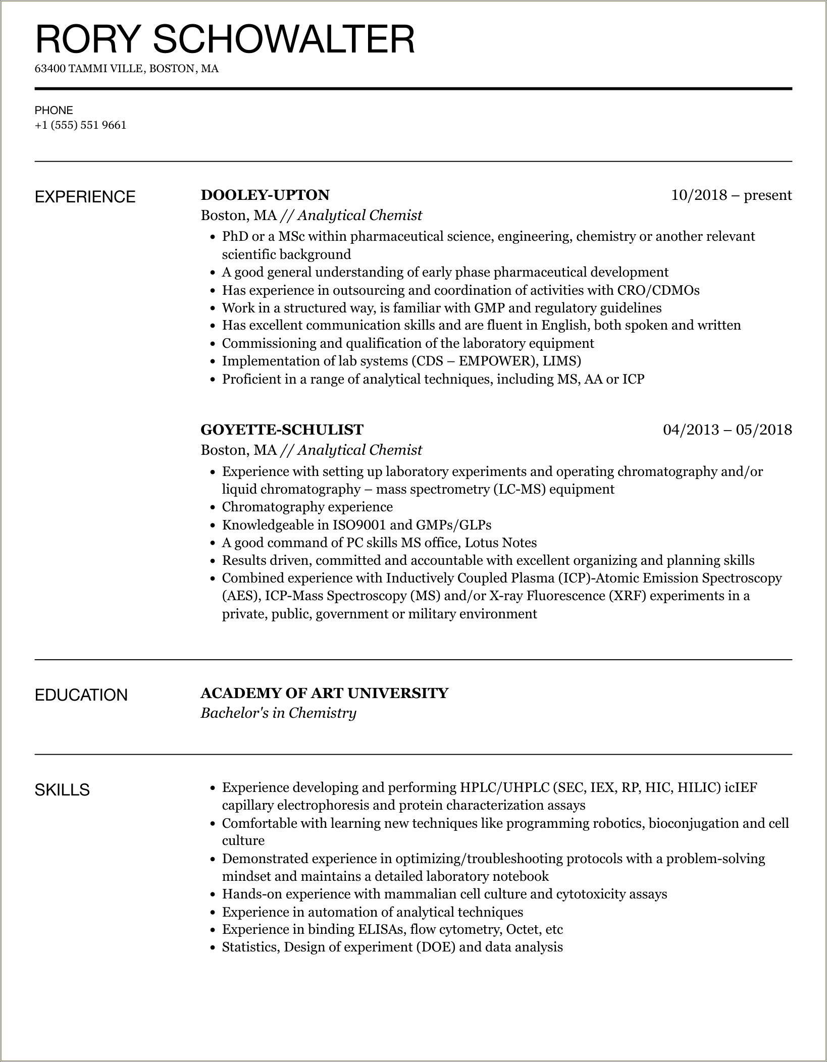 Analytical Scientist Chemist Resume With Objective
