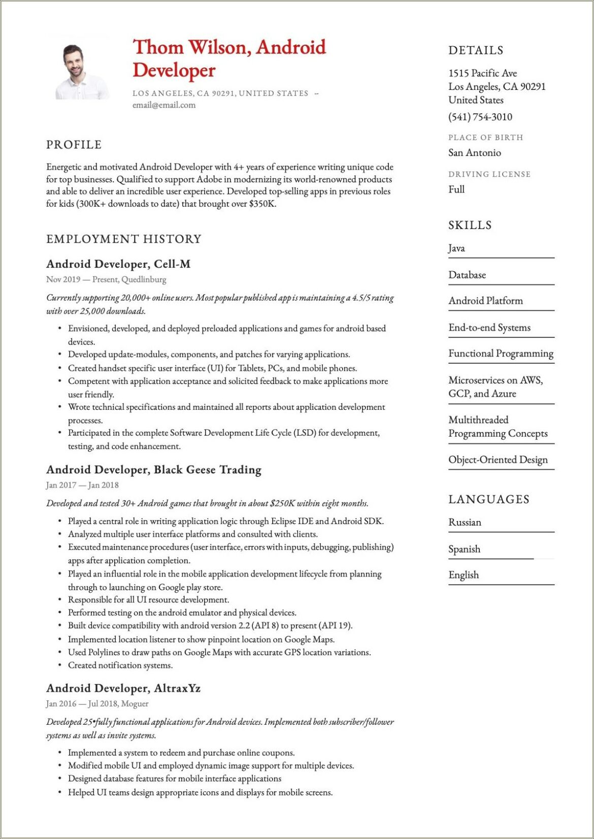 Android Developer 1 Year Experience Resume