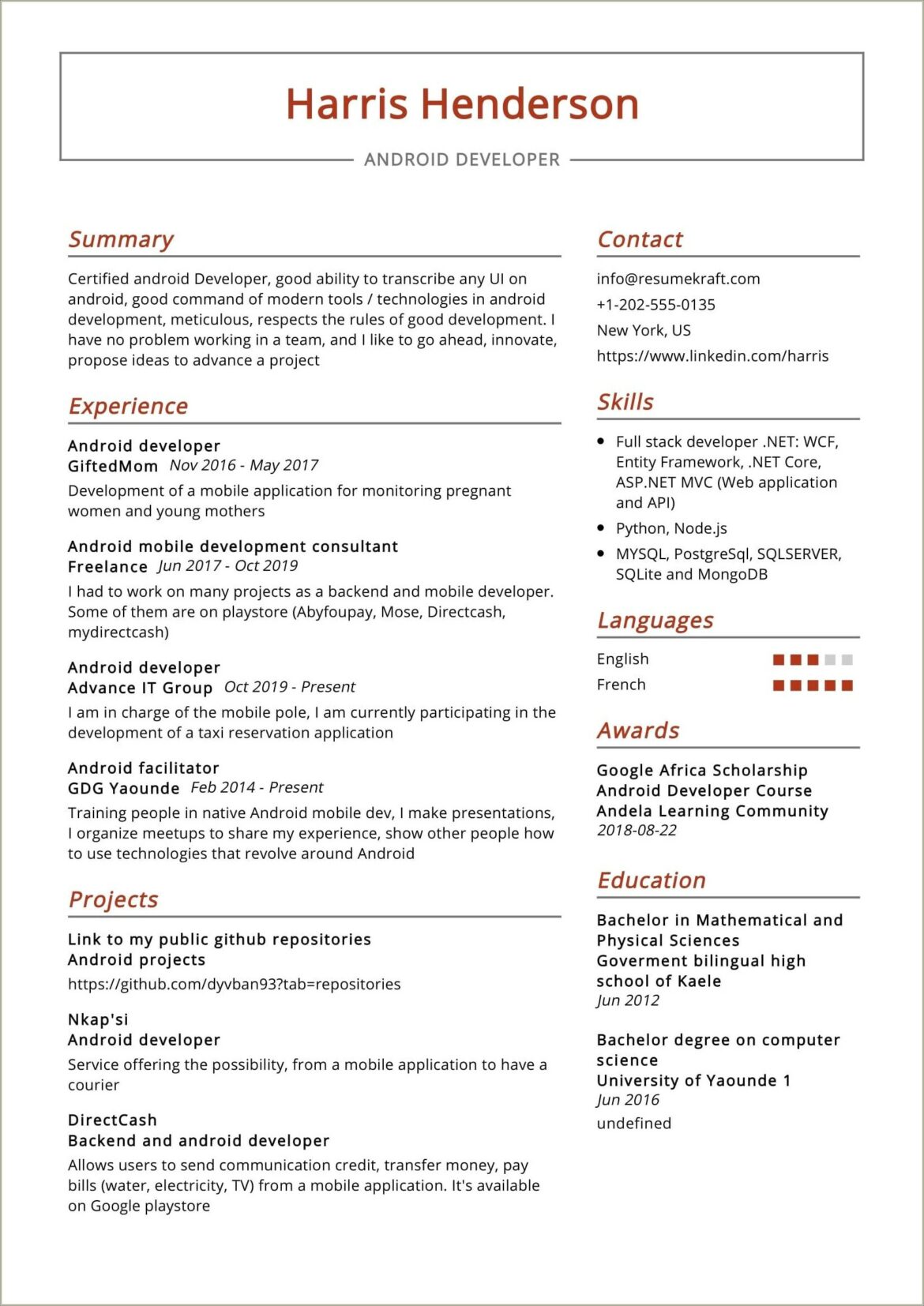 Android Developer 1 Year Experience Resume Sample