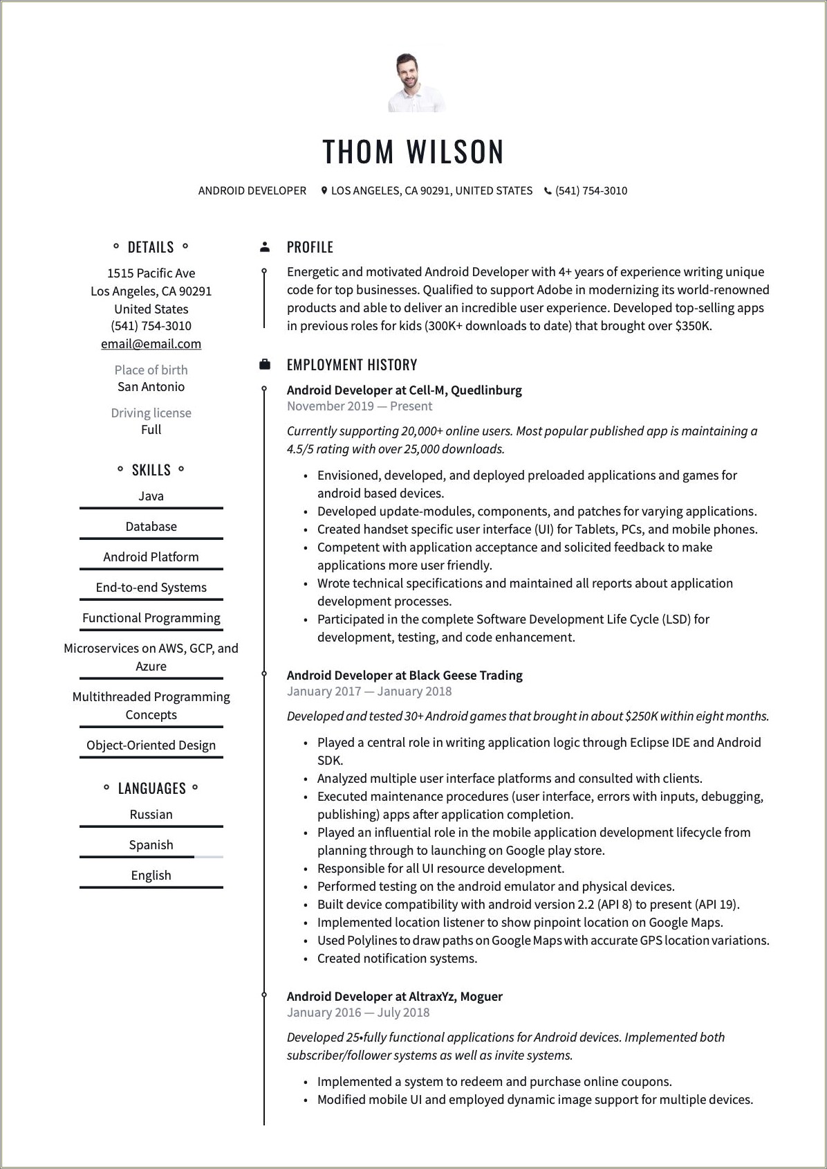 Android Developer Resume 1 Years Experience Pdf