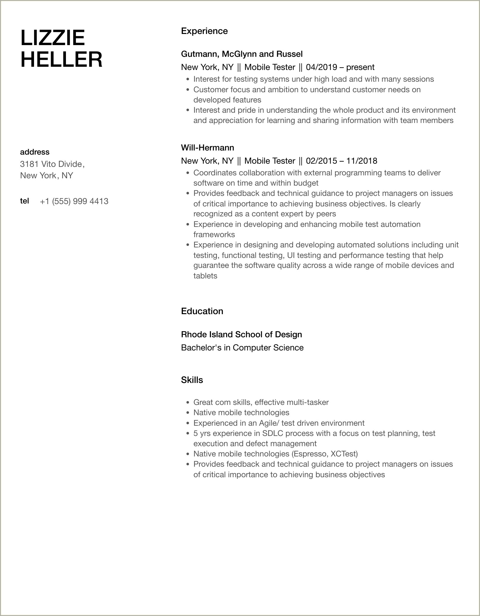 Android Mobile Application Testing Resume Sample