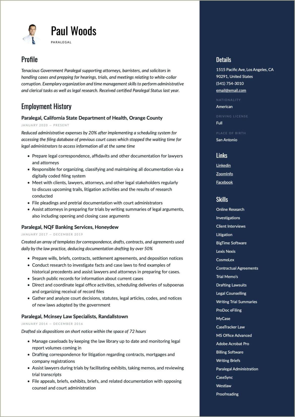 Antitrust And Litigation Paraleglal Sample Resume