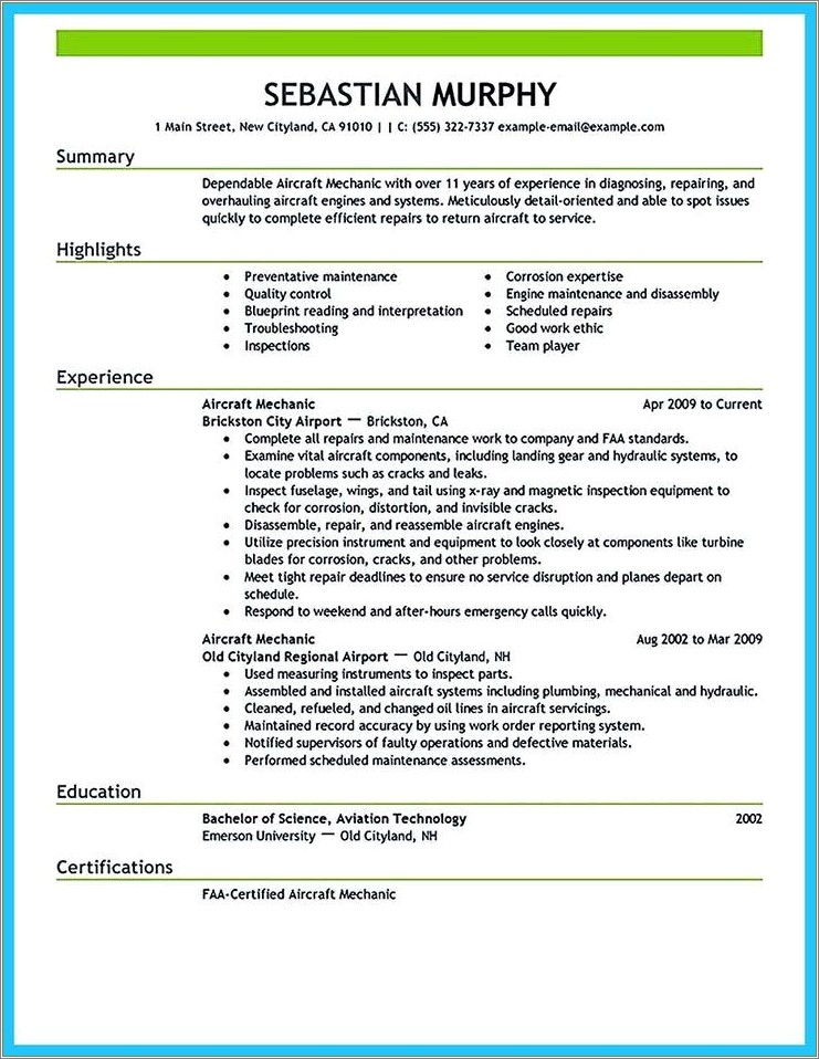 A&p Mechanic Resume Objective Example