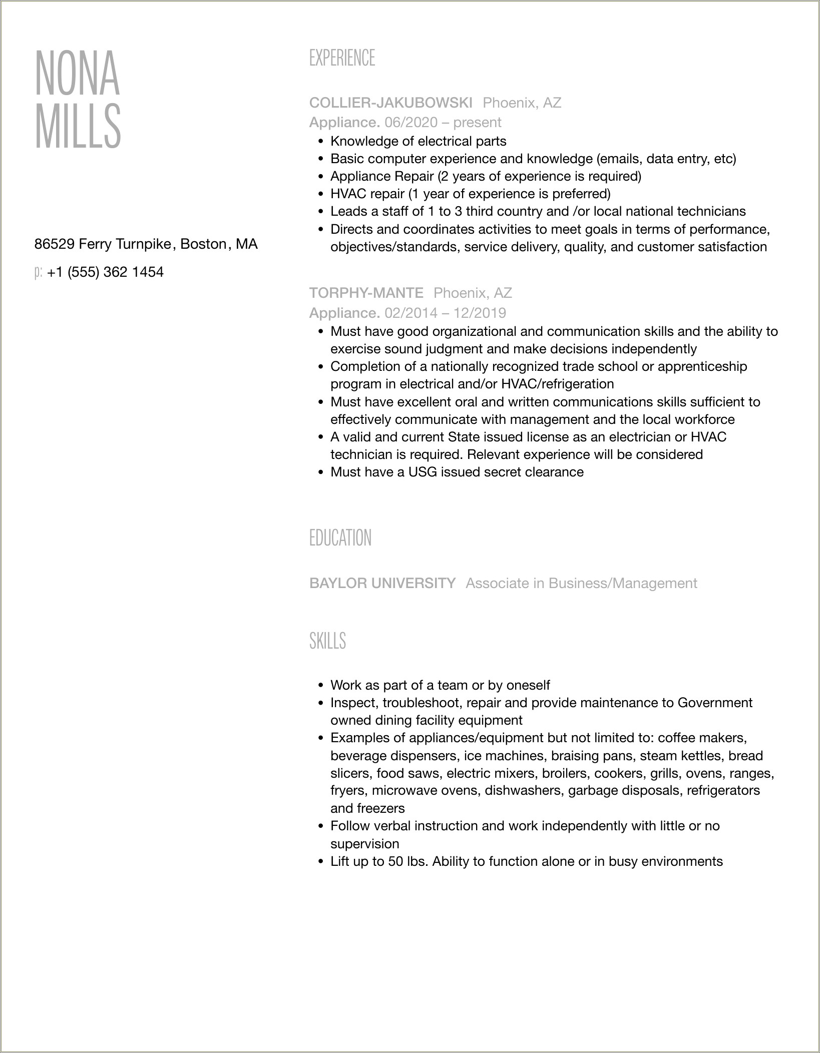 Appliance Installer Job Description For Resume