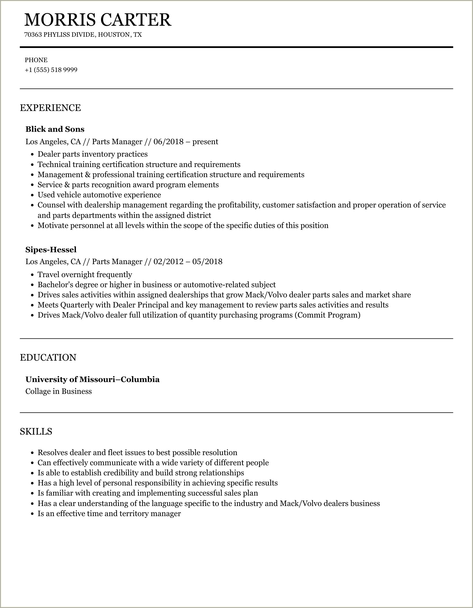 Applianceservice And Parts Manager Resume Examples