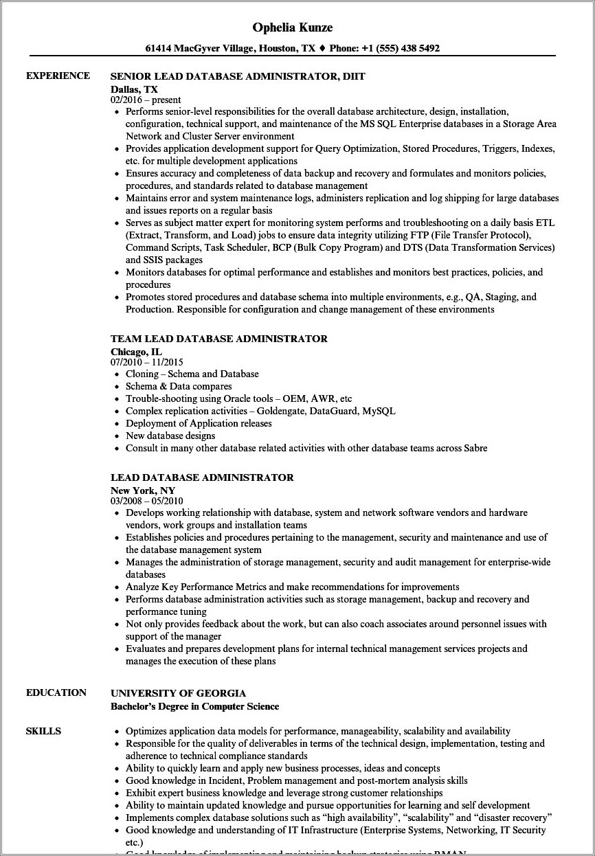 Application Sql Server Dba Experience Resume