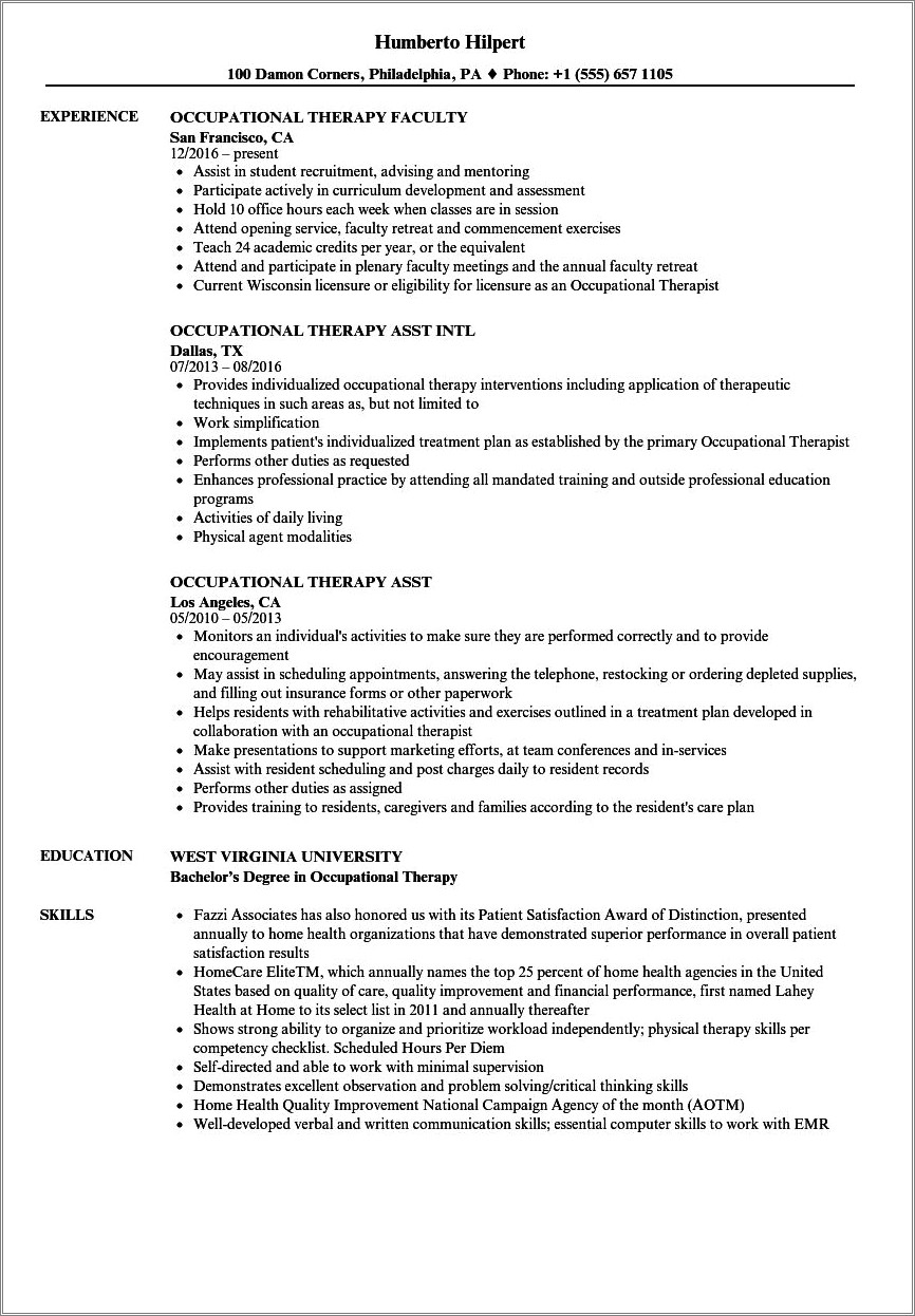Appliyng To Occupational Therapy School Resume Example