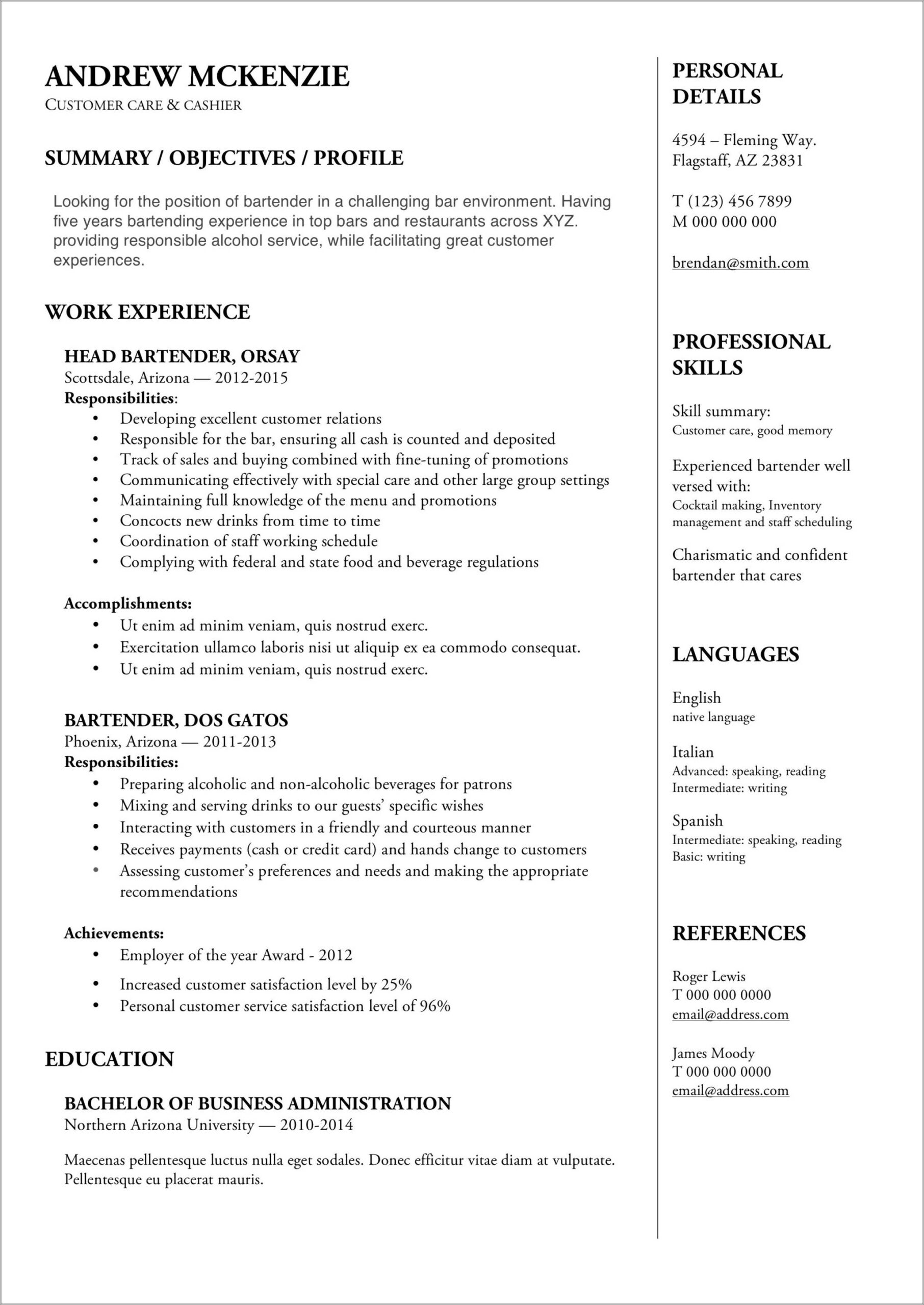 Applying For A Bartender Job Resume