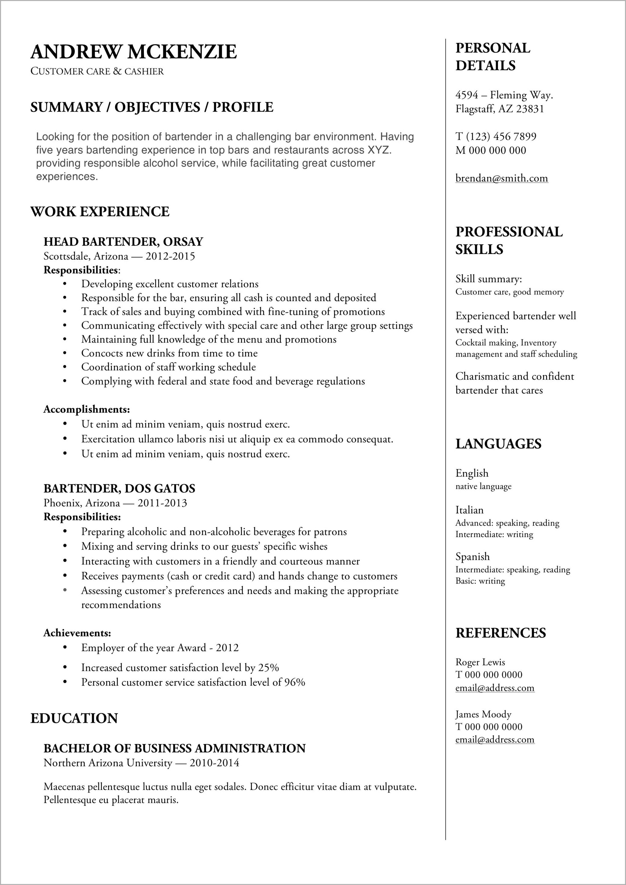 Applying For A Bartender Job Resume