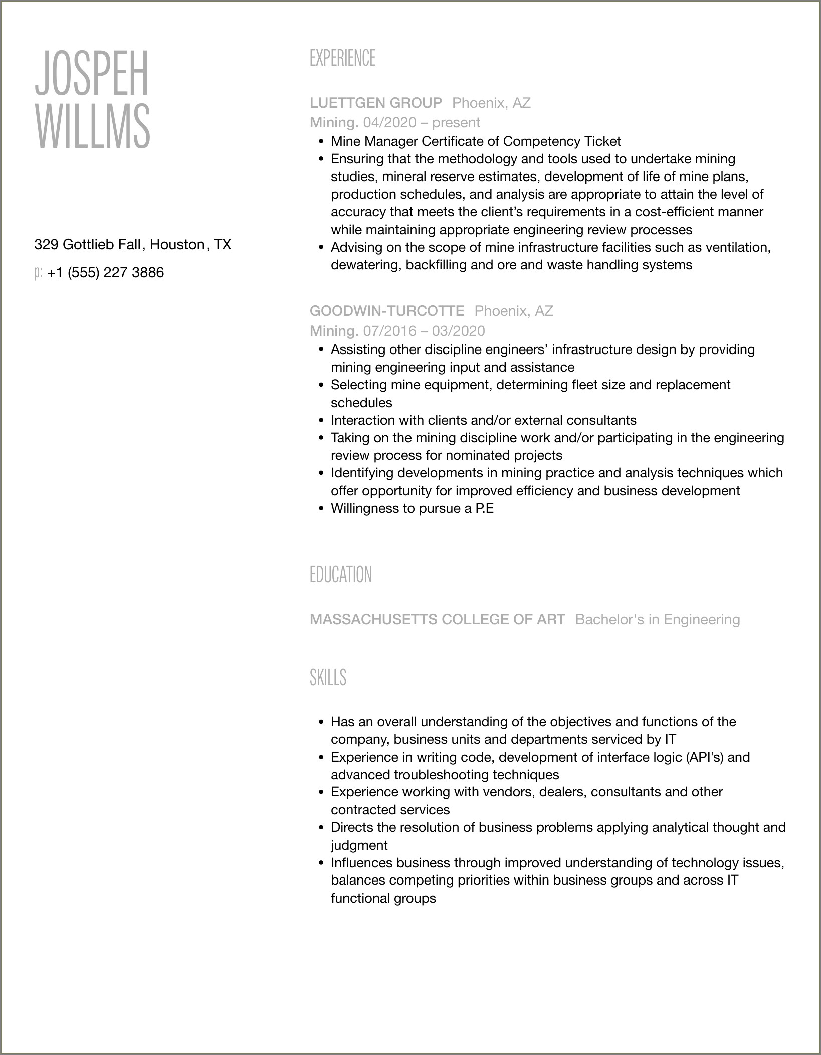 Applying For A Underground Mine Objective Resume