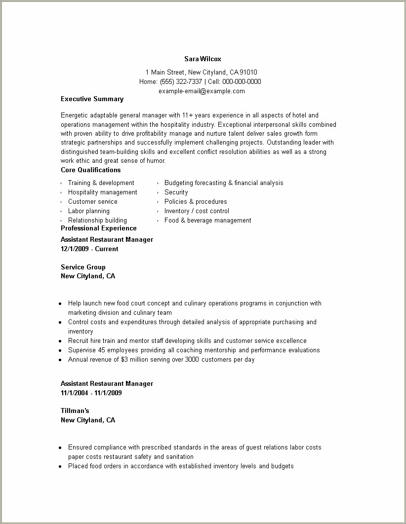 Applying For General Manager At Resturant Resume