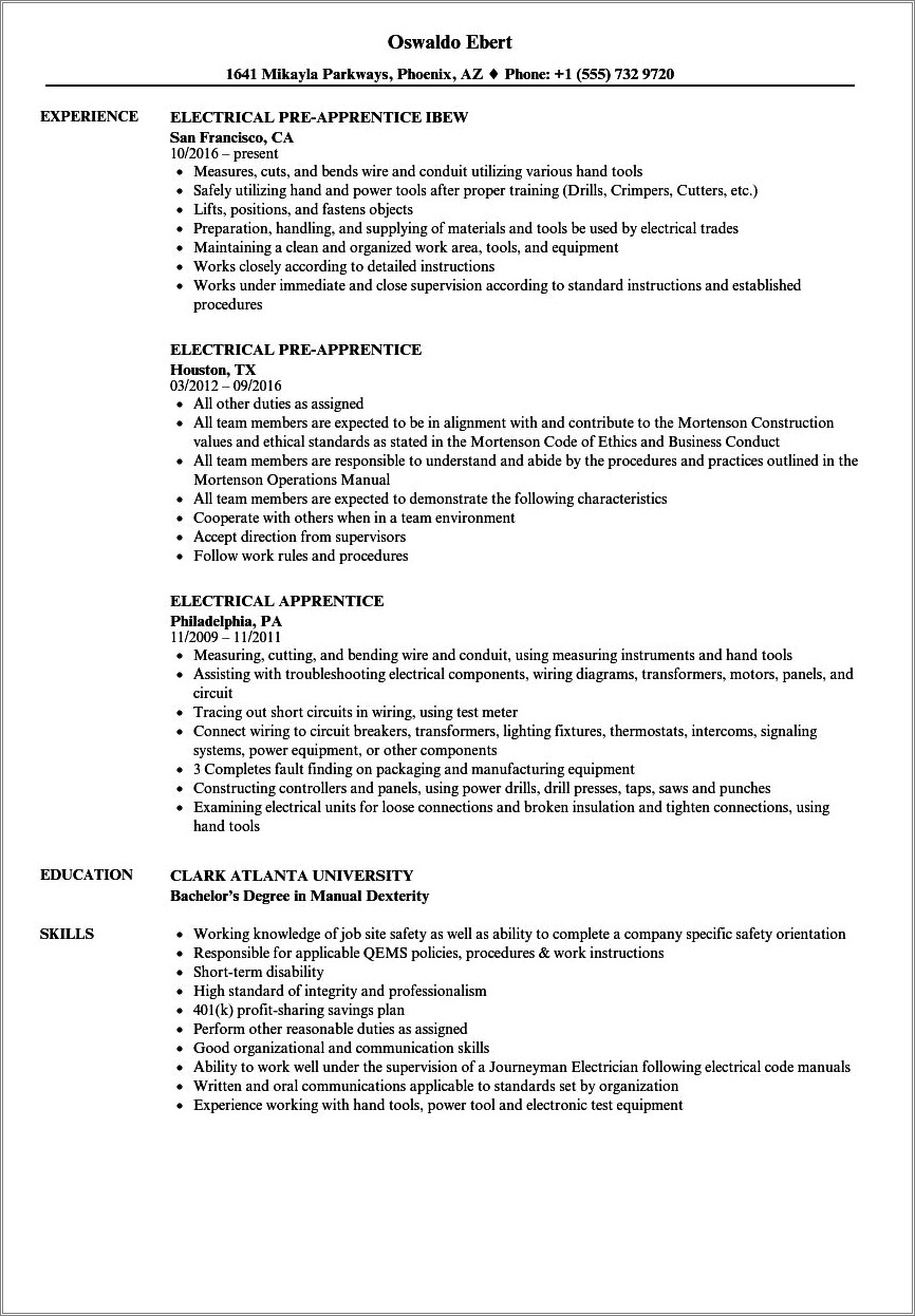 Apprentice Electrician Job Description For Resume