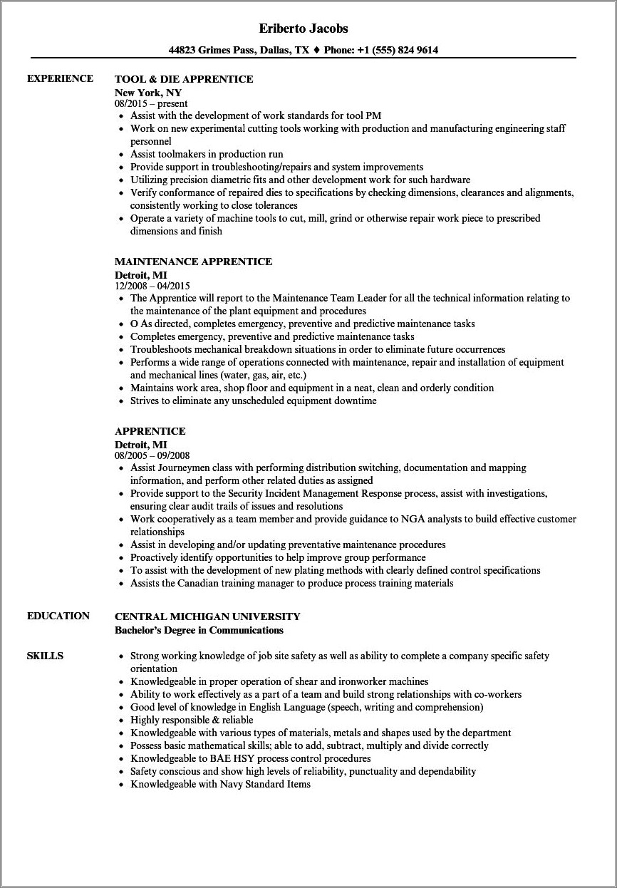 Apprenticeship Resume No Experience Summary For Resume