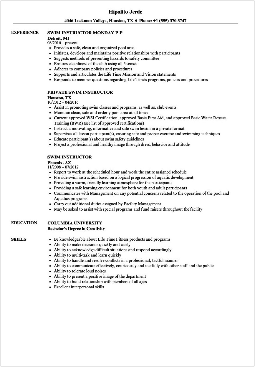 Aqua Tots Swim School Instructor Resume