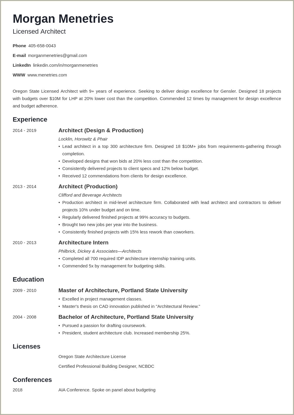 Architectural Resume With Career Summary Examples
