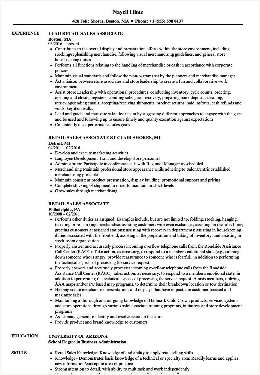 Area Manager Job Description For Resume