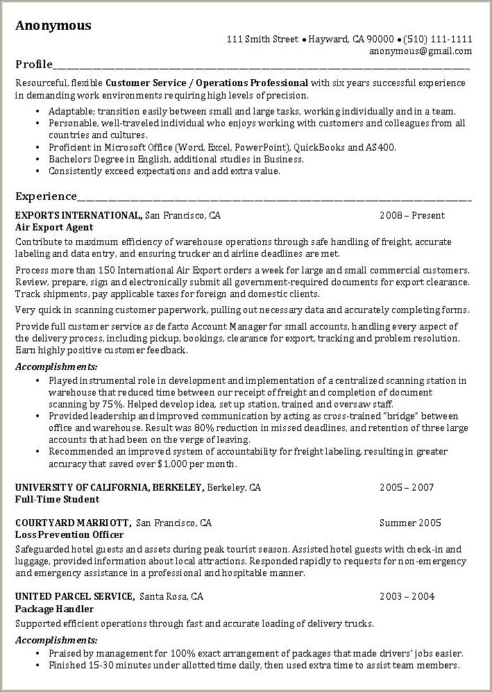 Area Of Expertise Resume Operations Manager