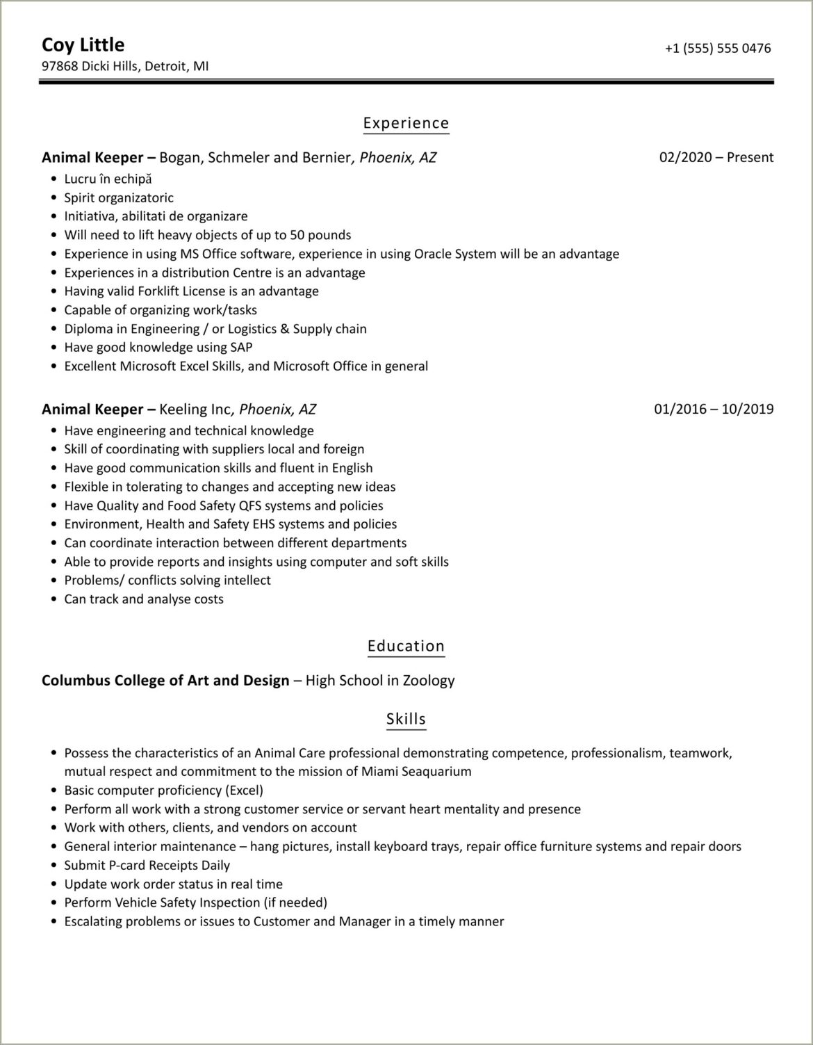 Area Of Expertise Zookeeper Example Resume