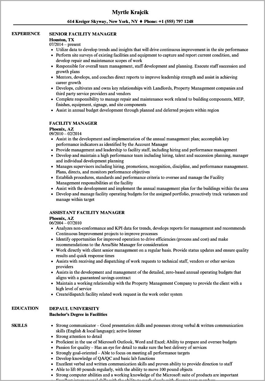 Army Aviation Facilities Manager Resume Examples