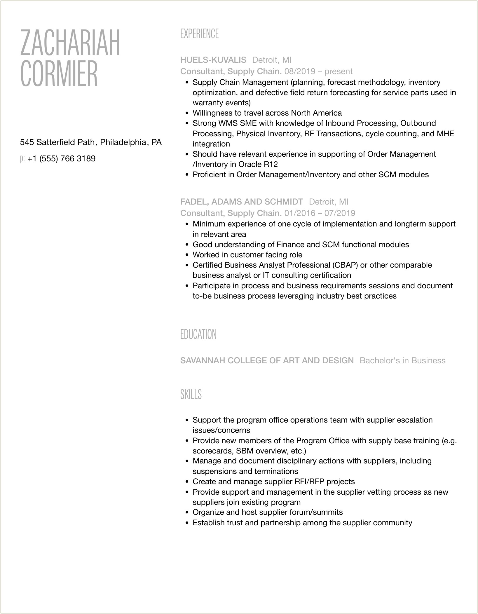 Aroj Sample Consultant Supply Chain Resume
