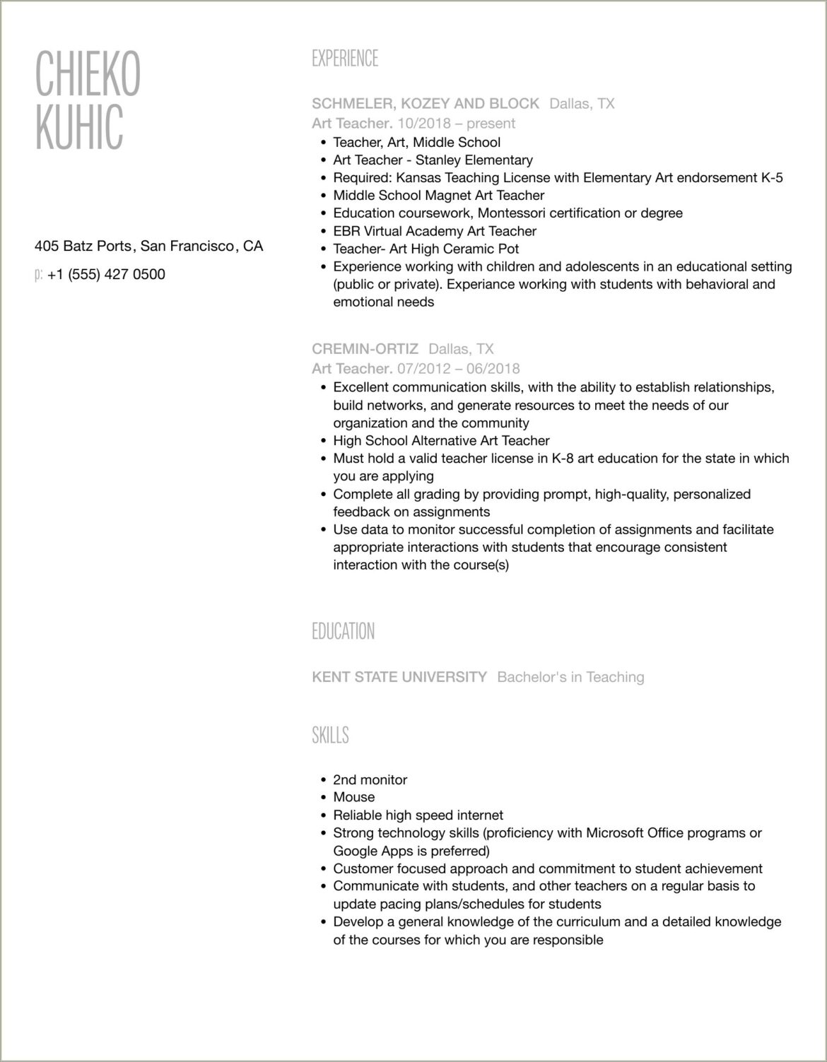 Art And Craft Teacher Job Description Resume