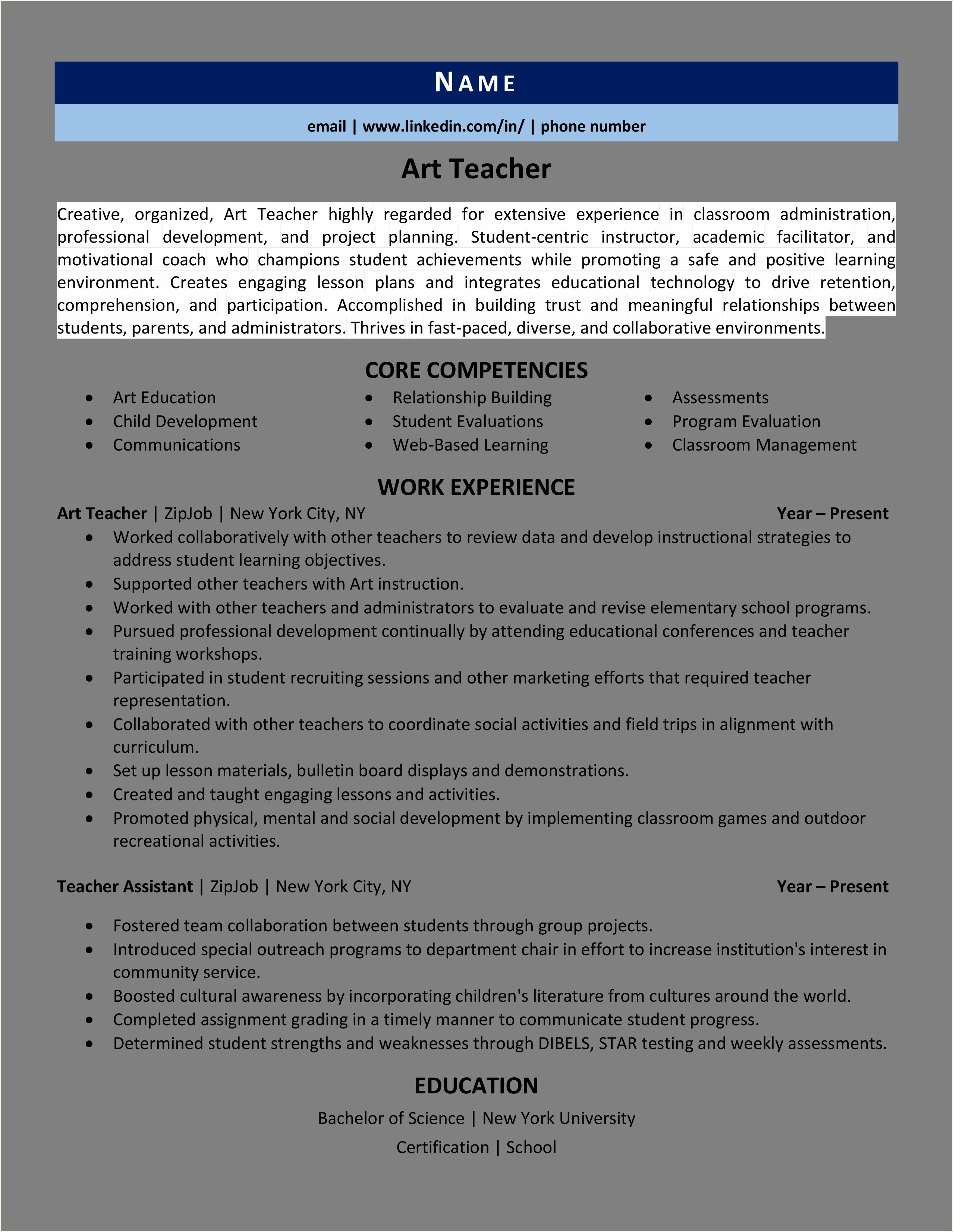 Art Teaching Resume With Team Leader Experience