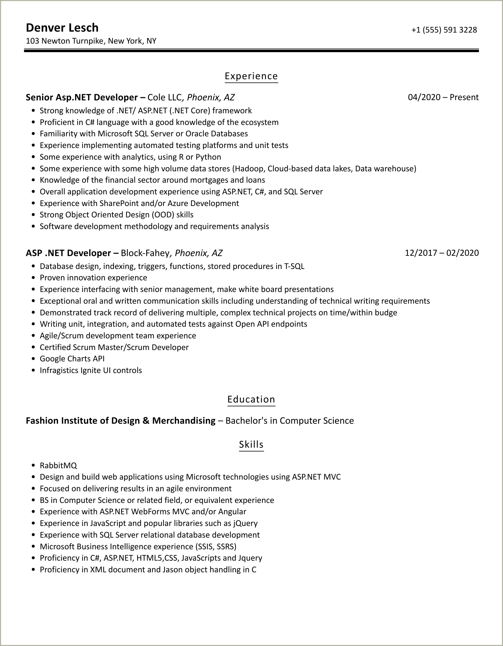 Asp Net Front End Developer Sample Resume