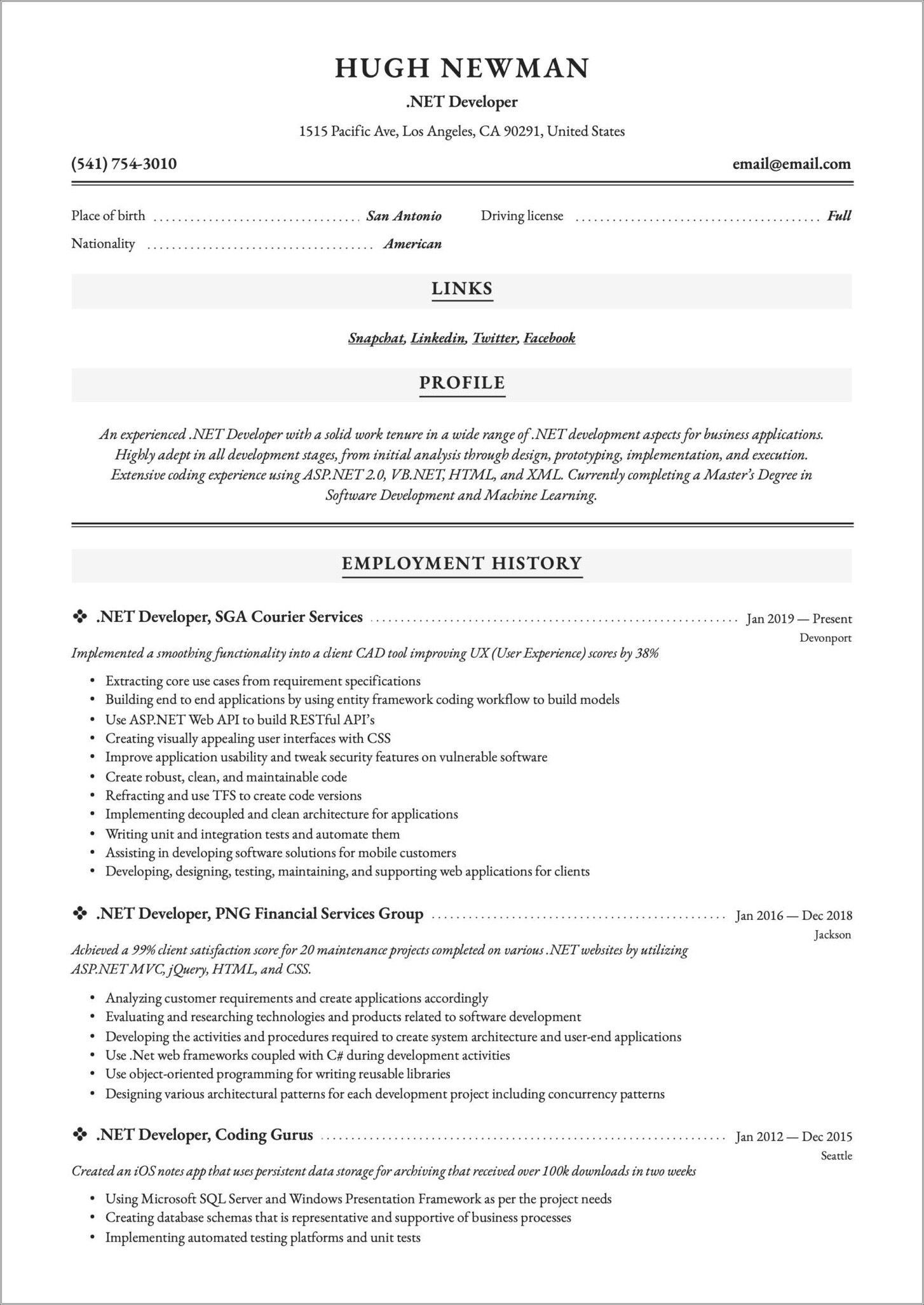 Asp Net Project Description In Resume