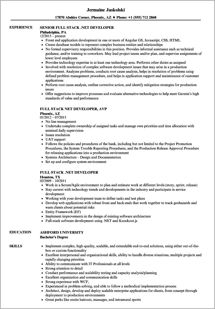 Asp Netfront End Developer Sample Resume