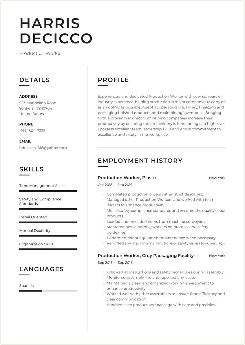 Assembly Line Worker Job Description For Resume