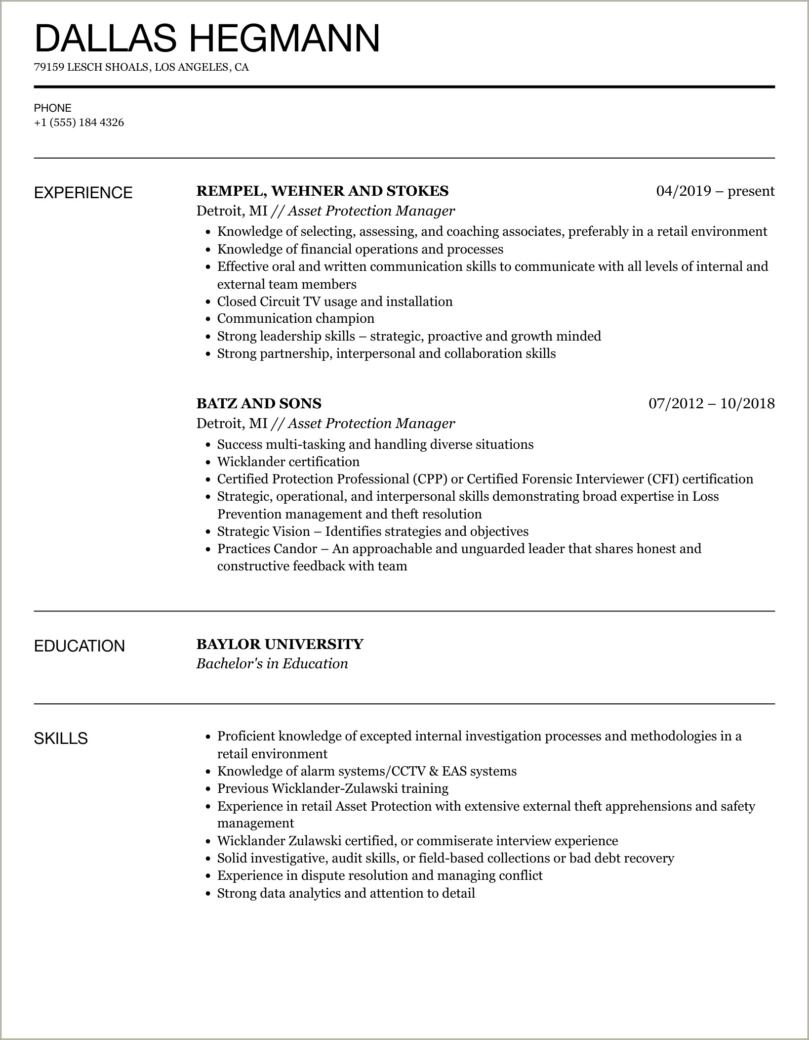 Asset Protection Associate Job Description For Resume